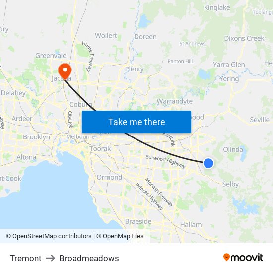 Tremont to Broadmeadows map