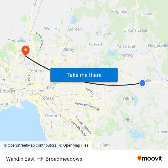 Wandin East to Broadmeadows map