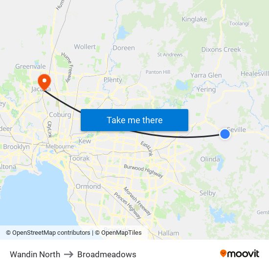 Wandin North to Broadmeadows map