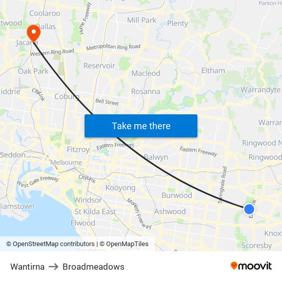 Wantirna to Broadmeadows map