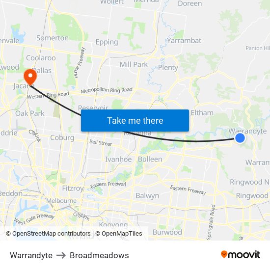 Warrandyte to Broadmeadows map