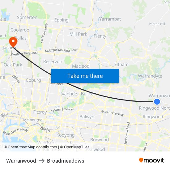 Warranwood to Broadmeadows map