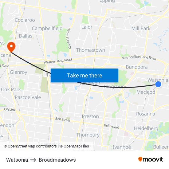 Watsonia to Broadmeadows map