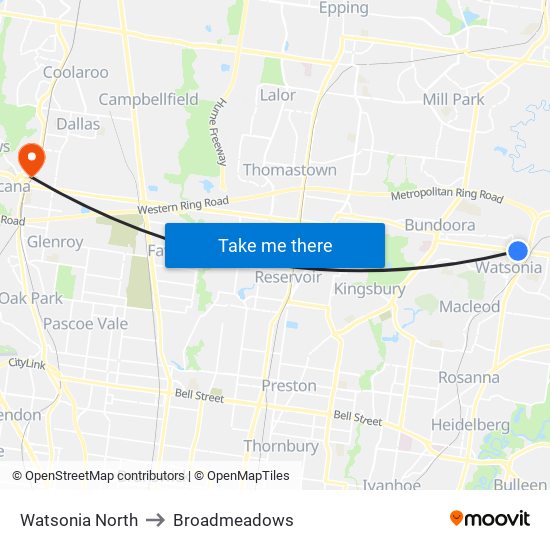 Watsonia North to Broadmeadows map