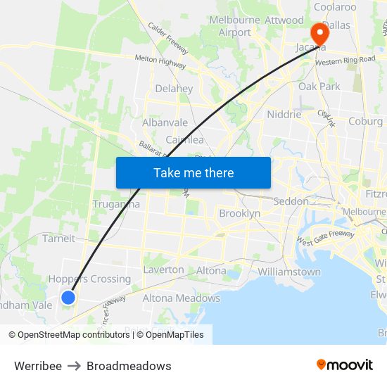 Werribee to Broadmeadows map