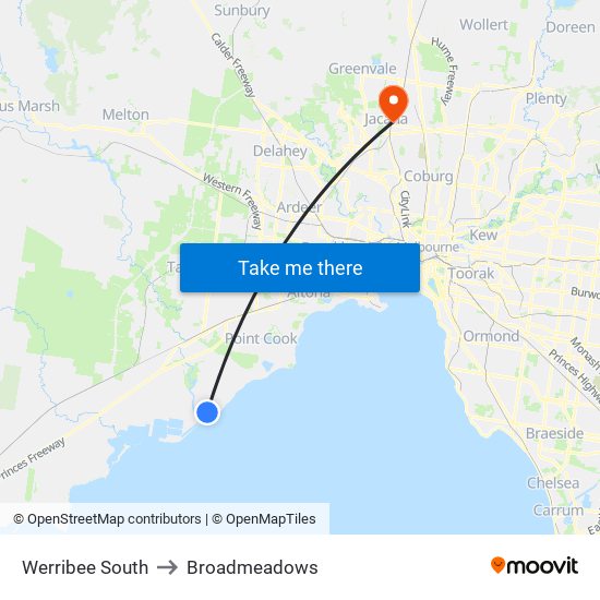 Werribee South to Broadmeadows map