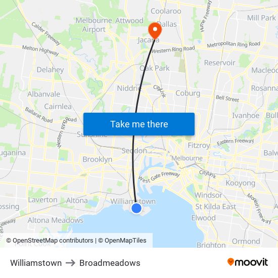 Williamstown to Broadmeadows map