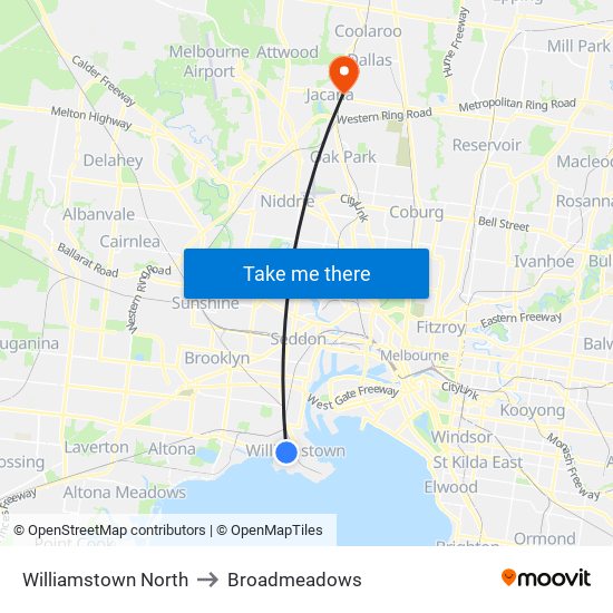 Williamstown North to Broadmeadows map