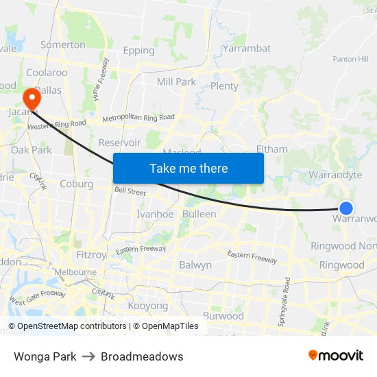 Wonga Park to Broadmeadows map