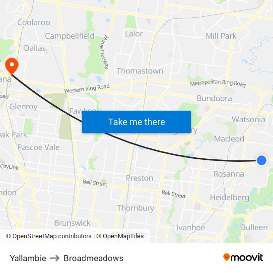 Yallambie to Broadmeadows map