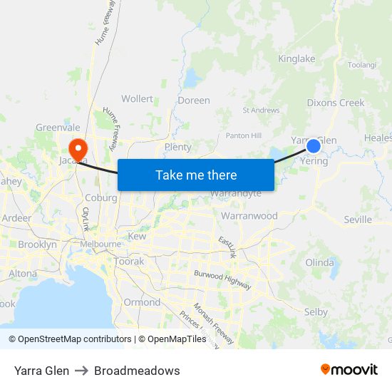 Yarra Glen to Broadmeadows map