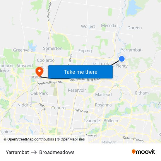 Yarrambat to Broadmeadows map