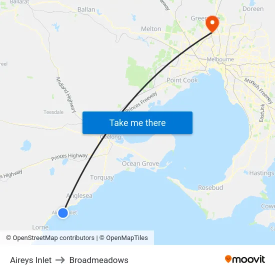 Aireys Inlet to Broadmeadows map