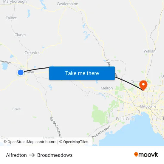 Alfredton to Broadmeadows map