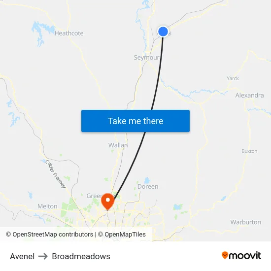 Avenel to Broadmeadows map