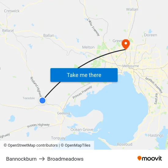 Bannockburn to Broadmeadows map