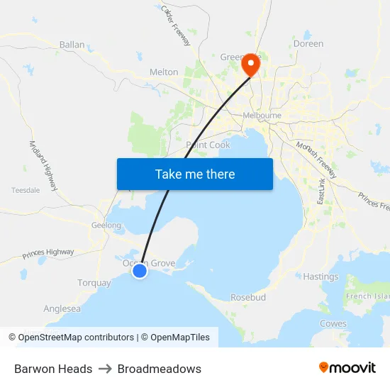 Barwon Heads to Broadmeadows map