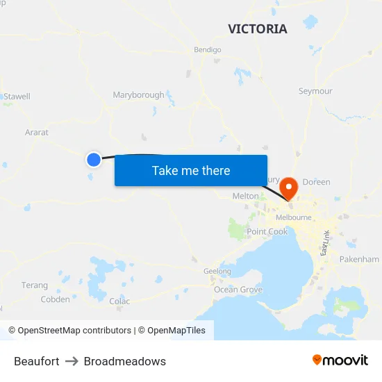 Beaufort to Broadmeadows map