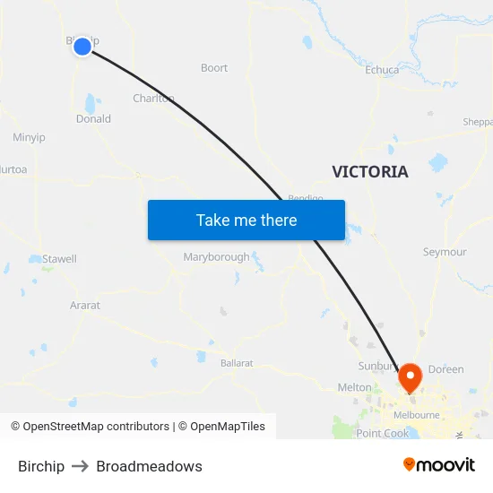 Birchip to Broadmeadows map