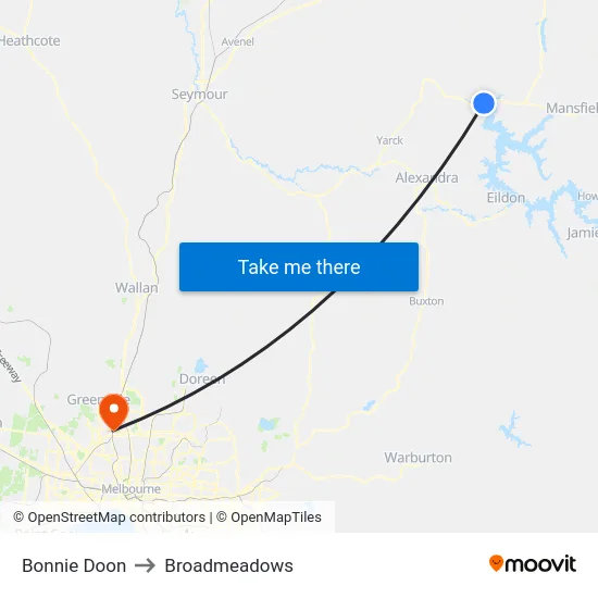 Bonnie Doon to Broadmeadows map