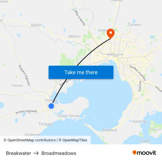 Breakwater to Broadmeadows map