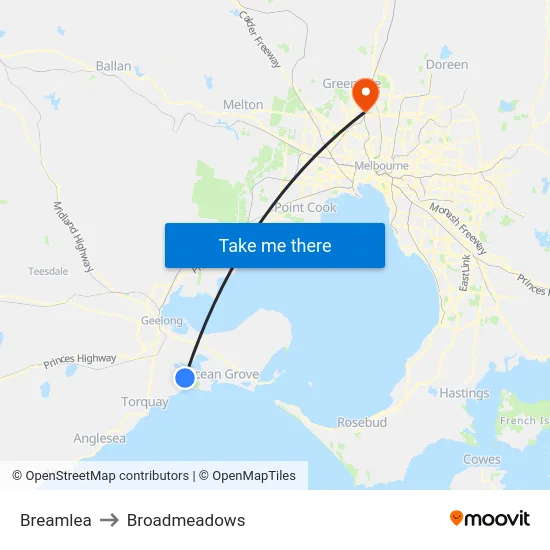 Breamlea to Broadmeadows map