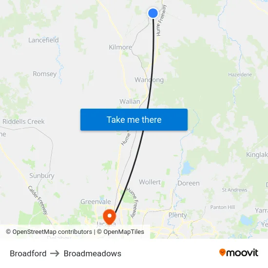 Broadford to Broadmeadows map