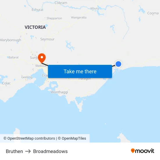 Bruthen to Broadmeadows map