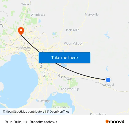 Buln Buln to Broadmeadows map