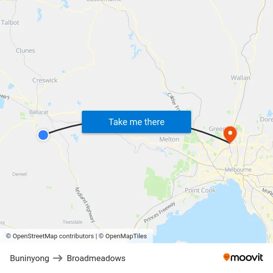 Buninyong to Broadmeadows map