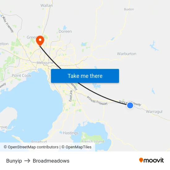 Bunyip to Broadmeadows map