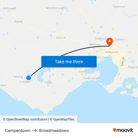 Camperdown to Broadmeadows map