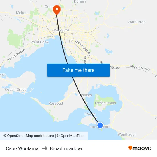 Cape Woolamai to Broadmeadows map