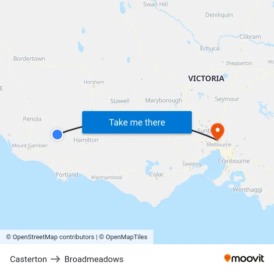 Casterton to Broadmeadows map