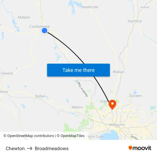 Chewton to Broadmeadows map