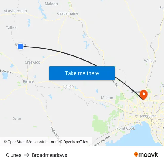 Clunes to Broadmeadows map