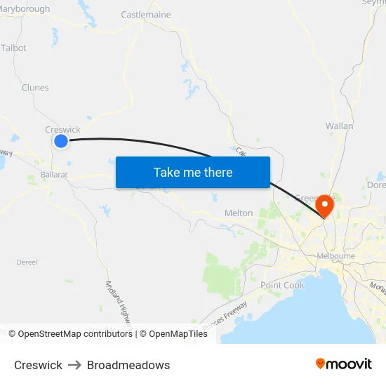 Creswick to Broadmeadows map