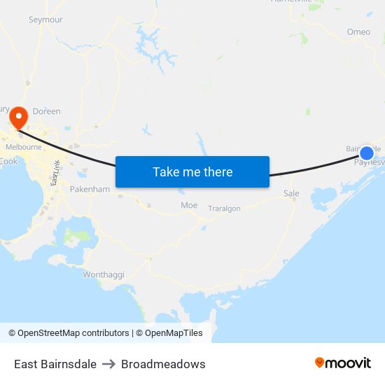 East Bairnsdale to Broadmeadows map