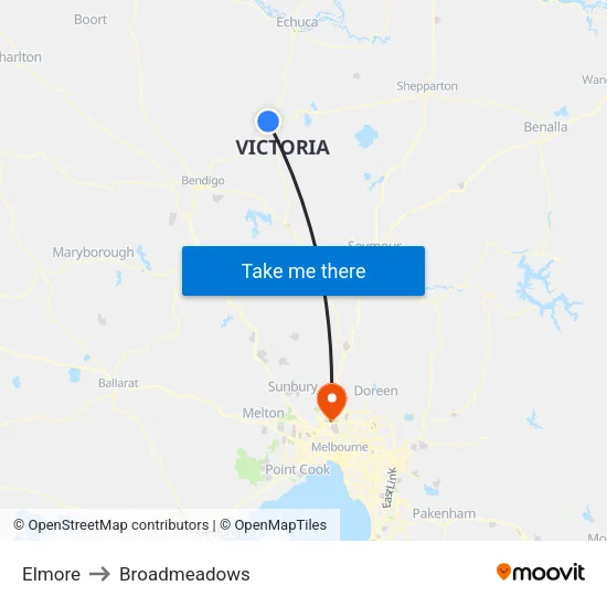 Elmore to Broadmeadows map
