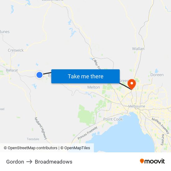 Gordon to Broadmeadows map