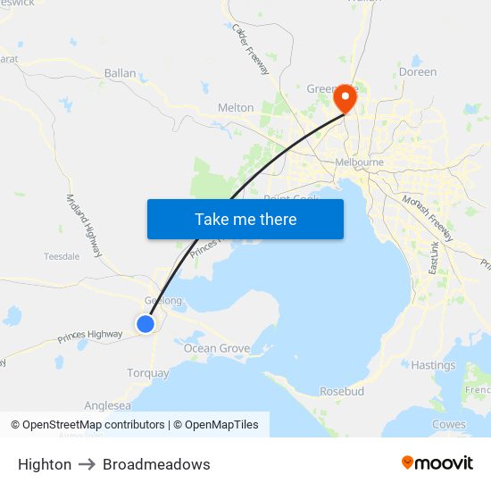 Highton to Broadmeadows map