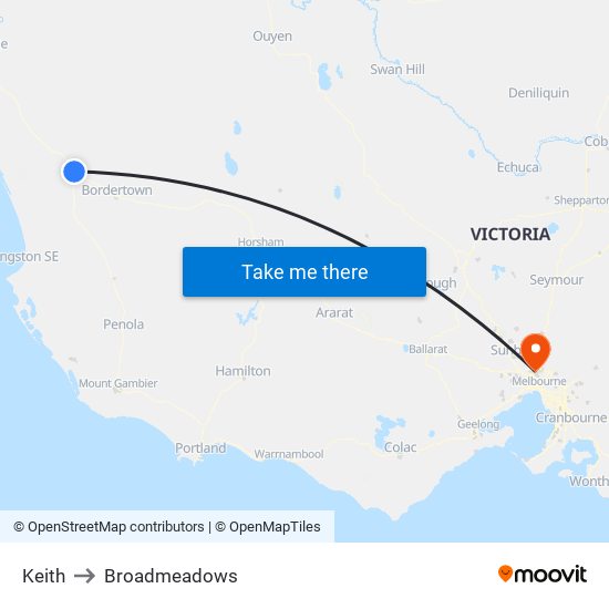 Keith to Broadmeadows map