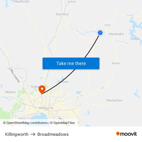 Killingworth to Broadmeadows map