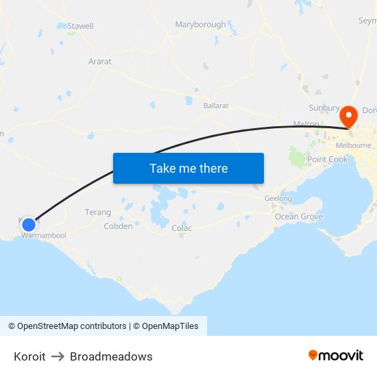 Koroit to Broadmeadows map