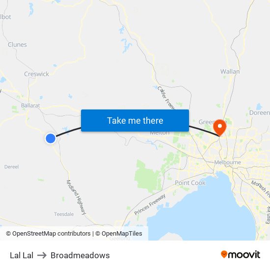 Lal Lal to Broadmeadows map