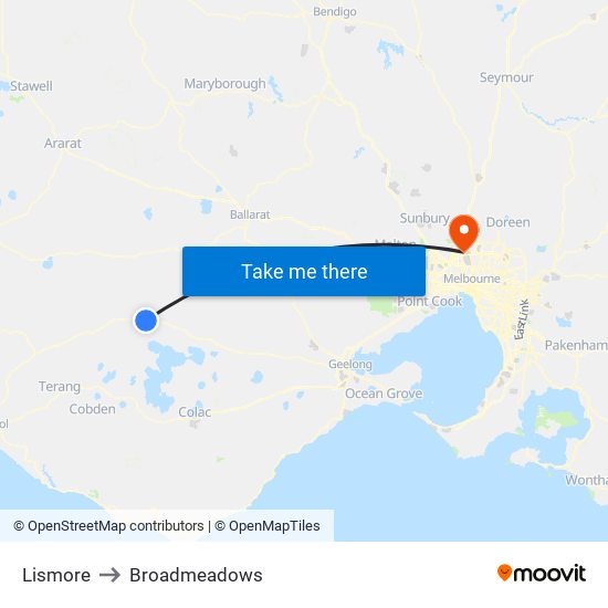 Lismore to Broadmeadows map