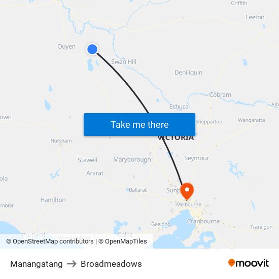 Manangatang to Broadmeadows map