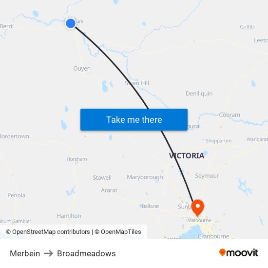 Merbein to Broadmeadows map