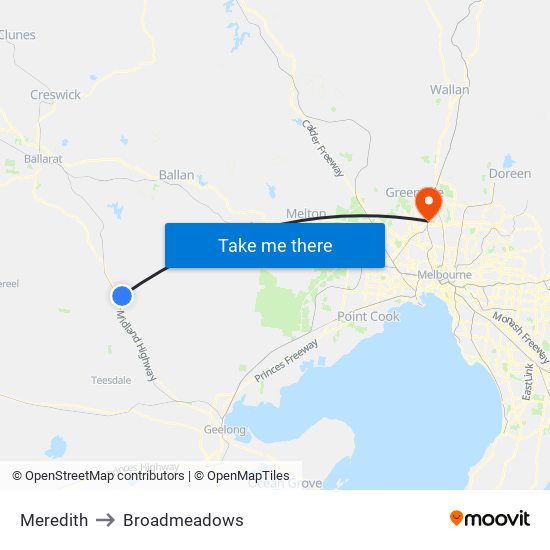 Meredith to Broadmeadows map