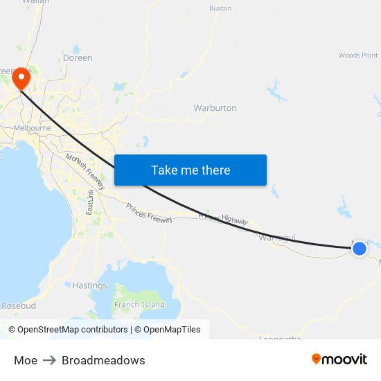 Moe to Broadmeadows map